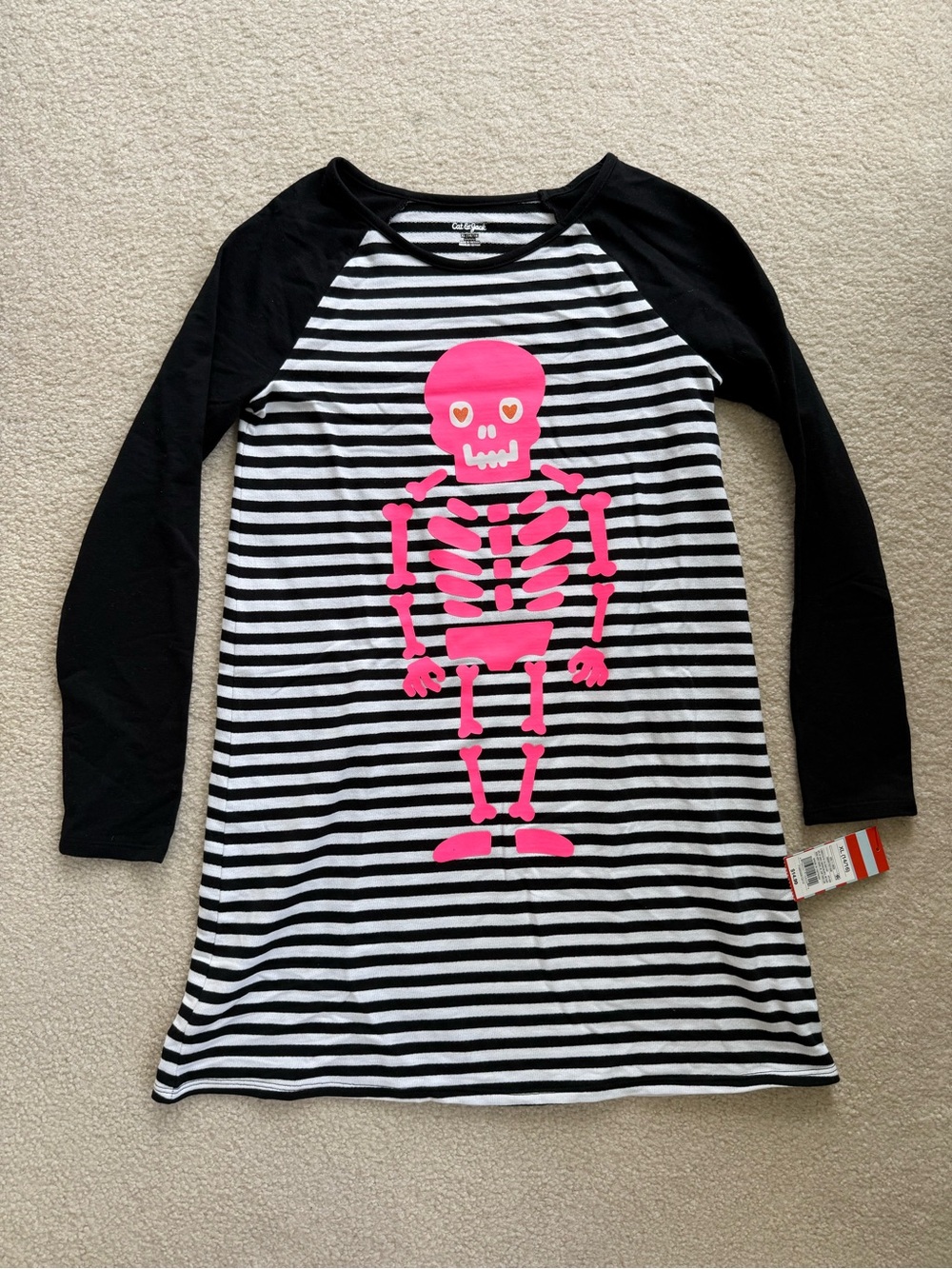 NWT Cat & Jack Black & White Striped Long-Sleeve Dress with Pink Skeleton